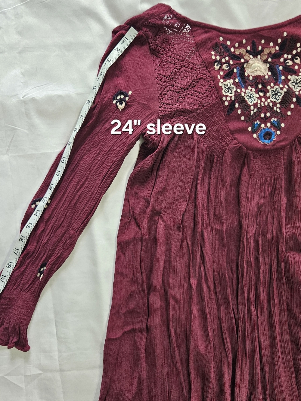 Free People Womens S Plum Burgundy Floral Embroidered V Back Babydoll Dress - Picture 6 of 12
